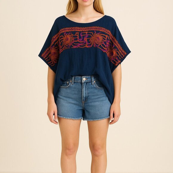 Free People Navy Embroidered Poncho Top XS Boho Boxy Festival Gauze Blouse - Picture 2 of 9